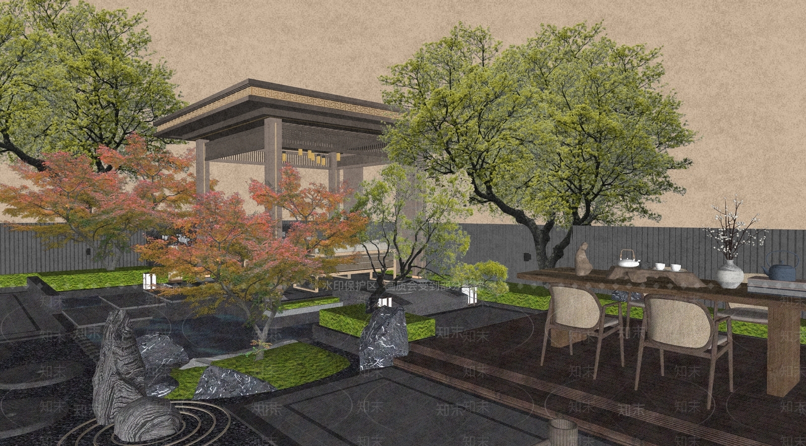 新中式现代别墅庭院SU模型下载【ID:1180903026】