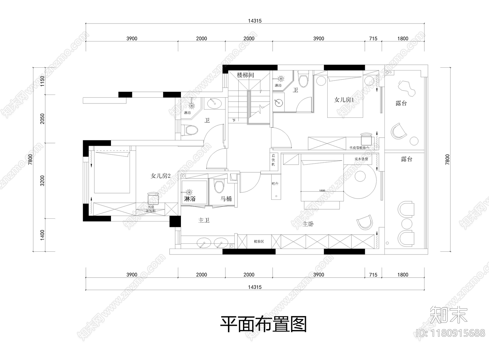 现代卧室cad施工图下载【ID:1180915688】