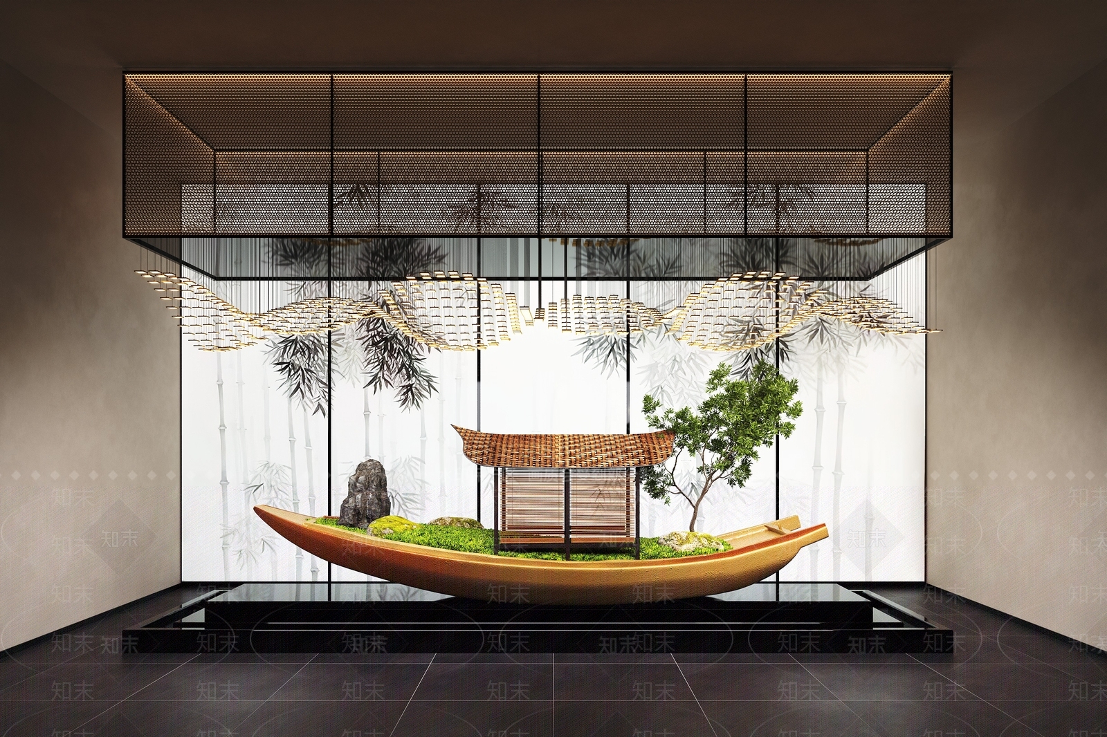 新中式室内景观3D模型下载【ID:1180939487】