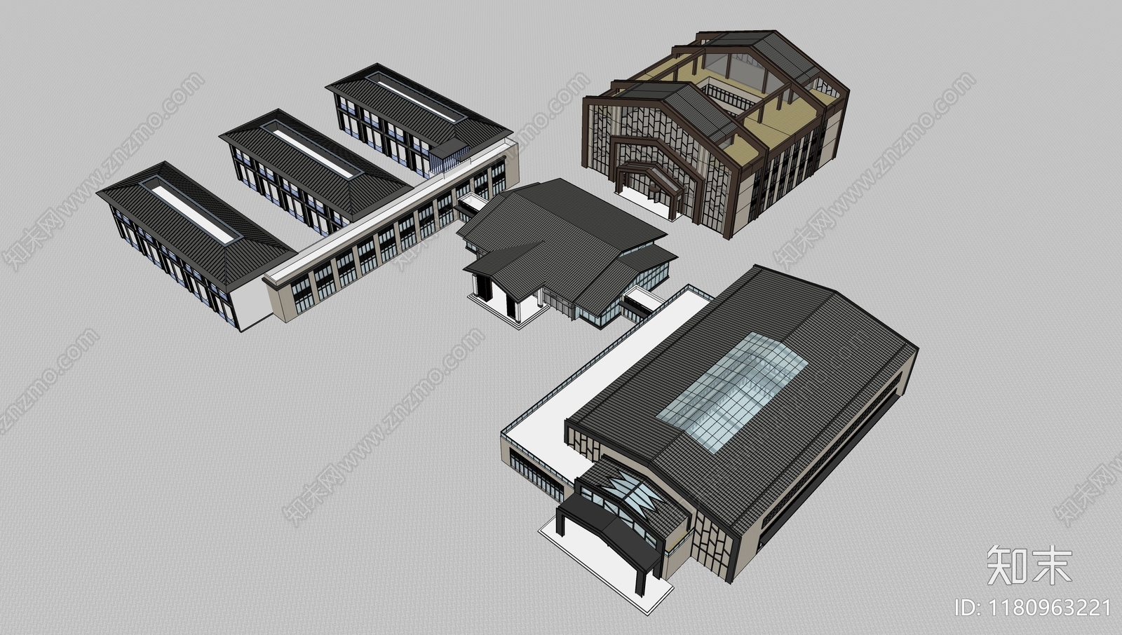 新中式中式酒店建筑SU模型下载【ID:1180963221】