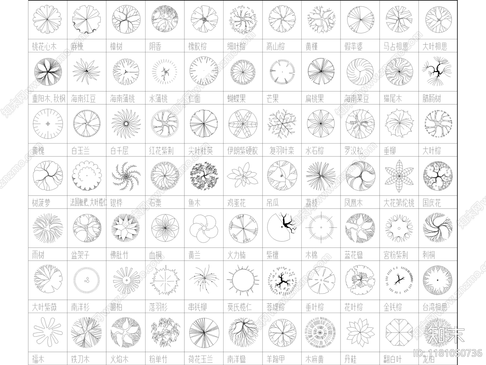 2025年最新园林植物乔木灌木植被图例CAD图库施工图下载【ID:1181050736】