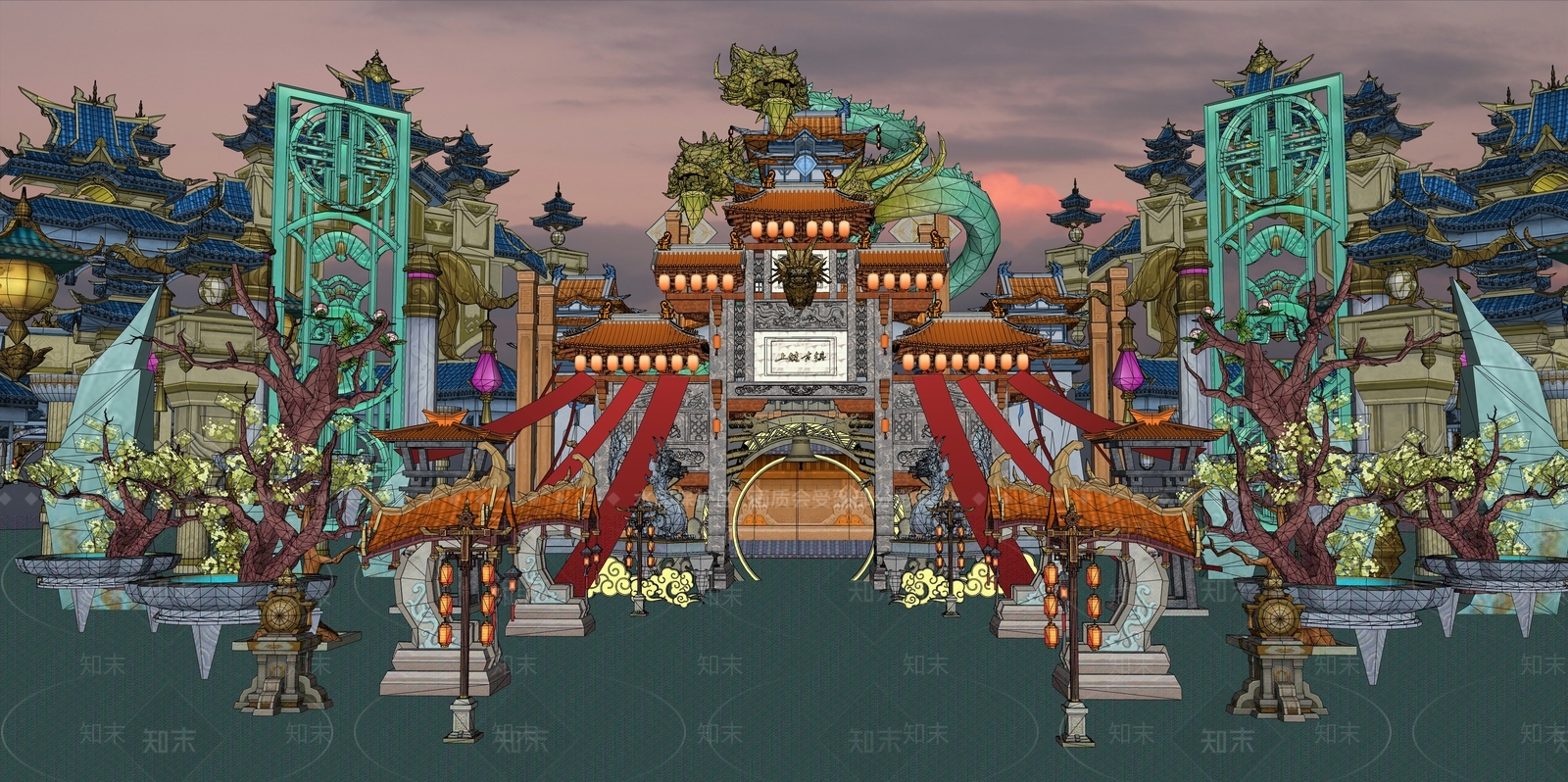 新中式中式古建筑SU模型下载【ID:1181149303】