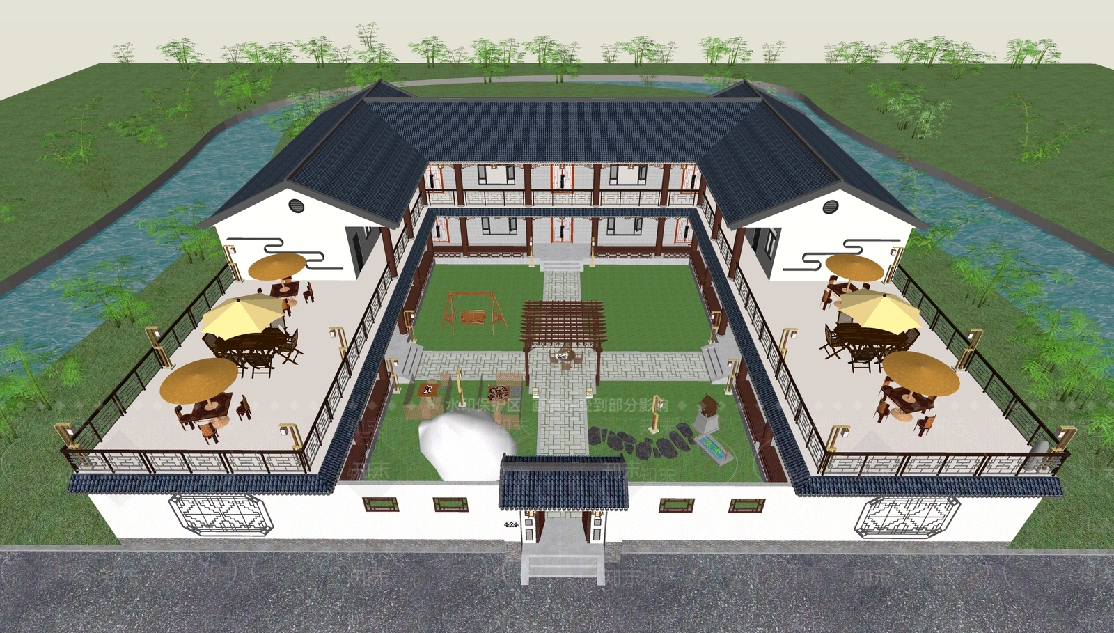 新中式民宿建筑SU模型下载【ID:1181176083】