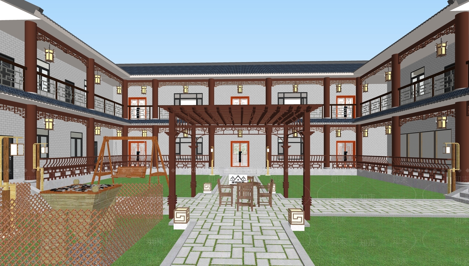 新中式民宿建筑SU模型下载【ID:1181176083】