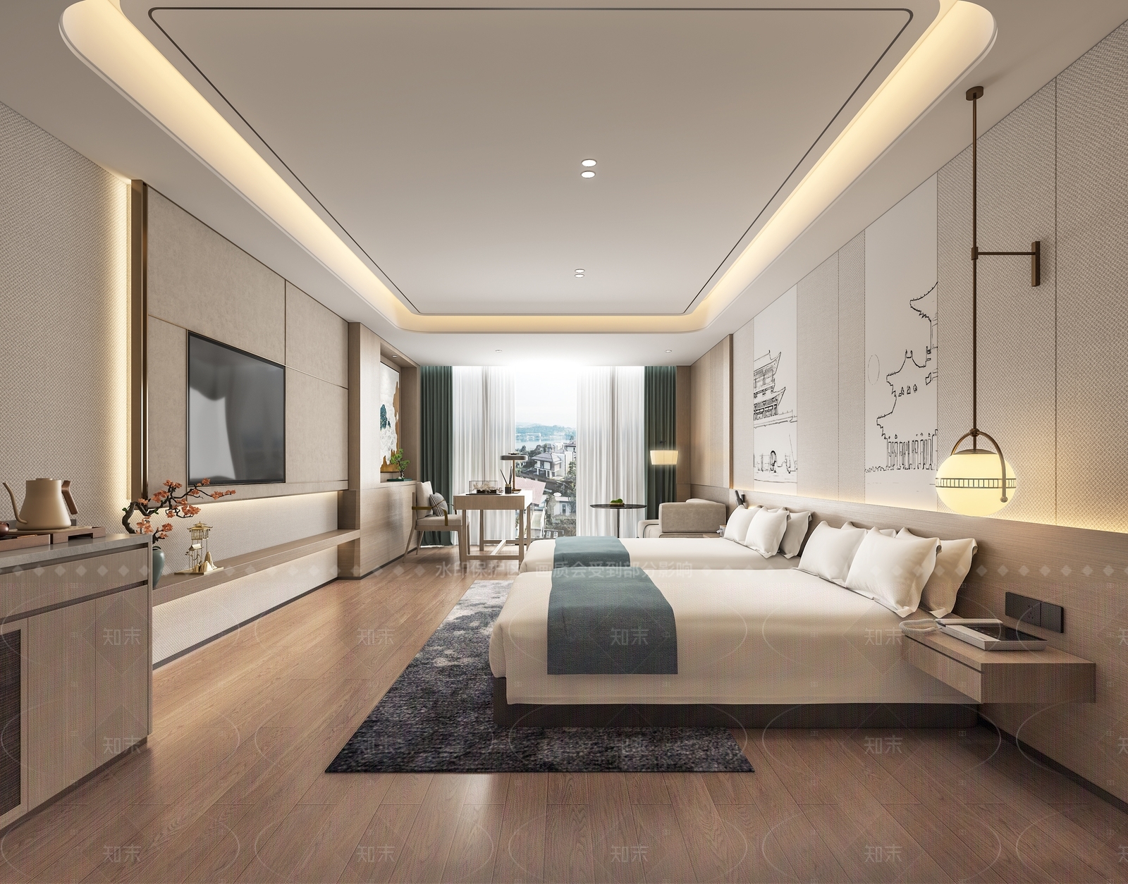 新中式酒店客房3D模型下载【ID:1214950062】