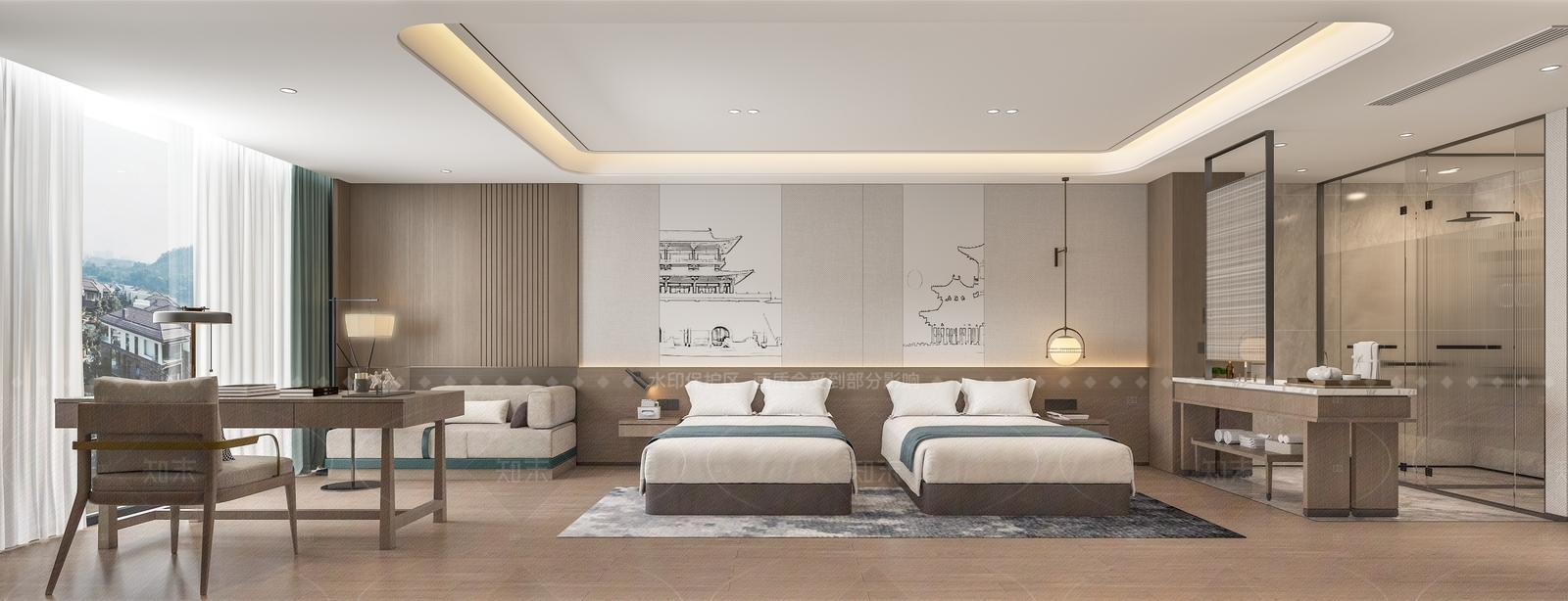 新中式酒店客房3D模型下载【ID:1214950062】