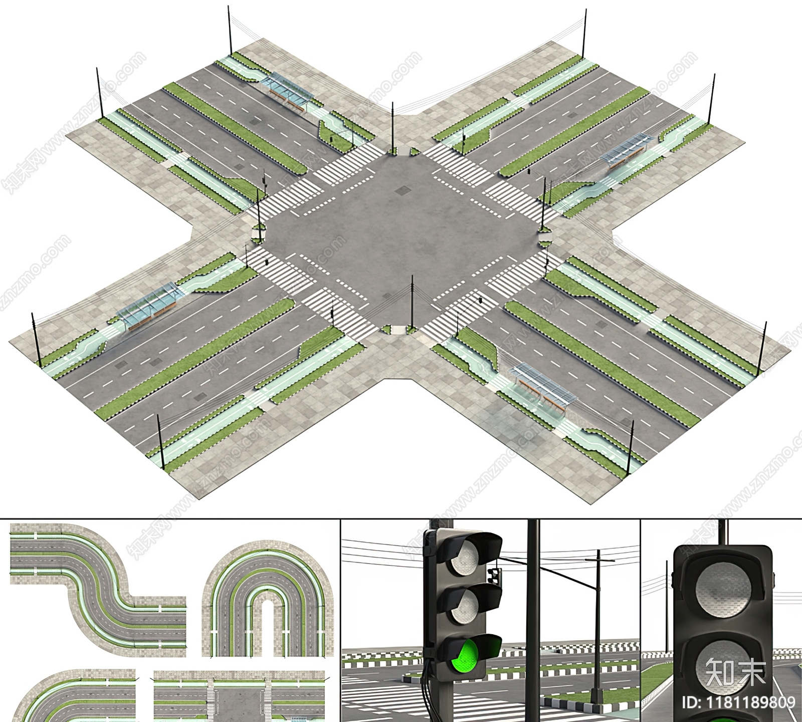 现代红绿灯路口3D模型下载【ID:1181189809】