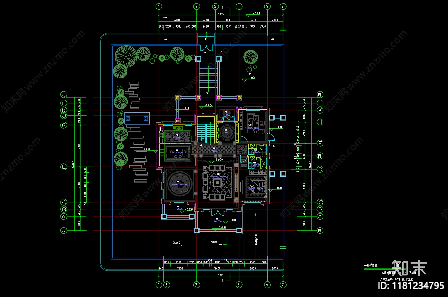 现代中式别墅建筑cad施工图下载【ID:1181234795】