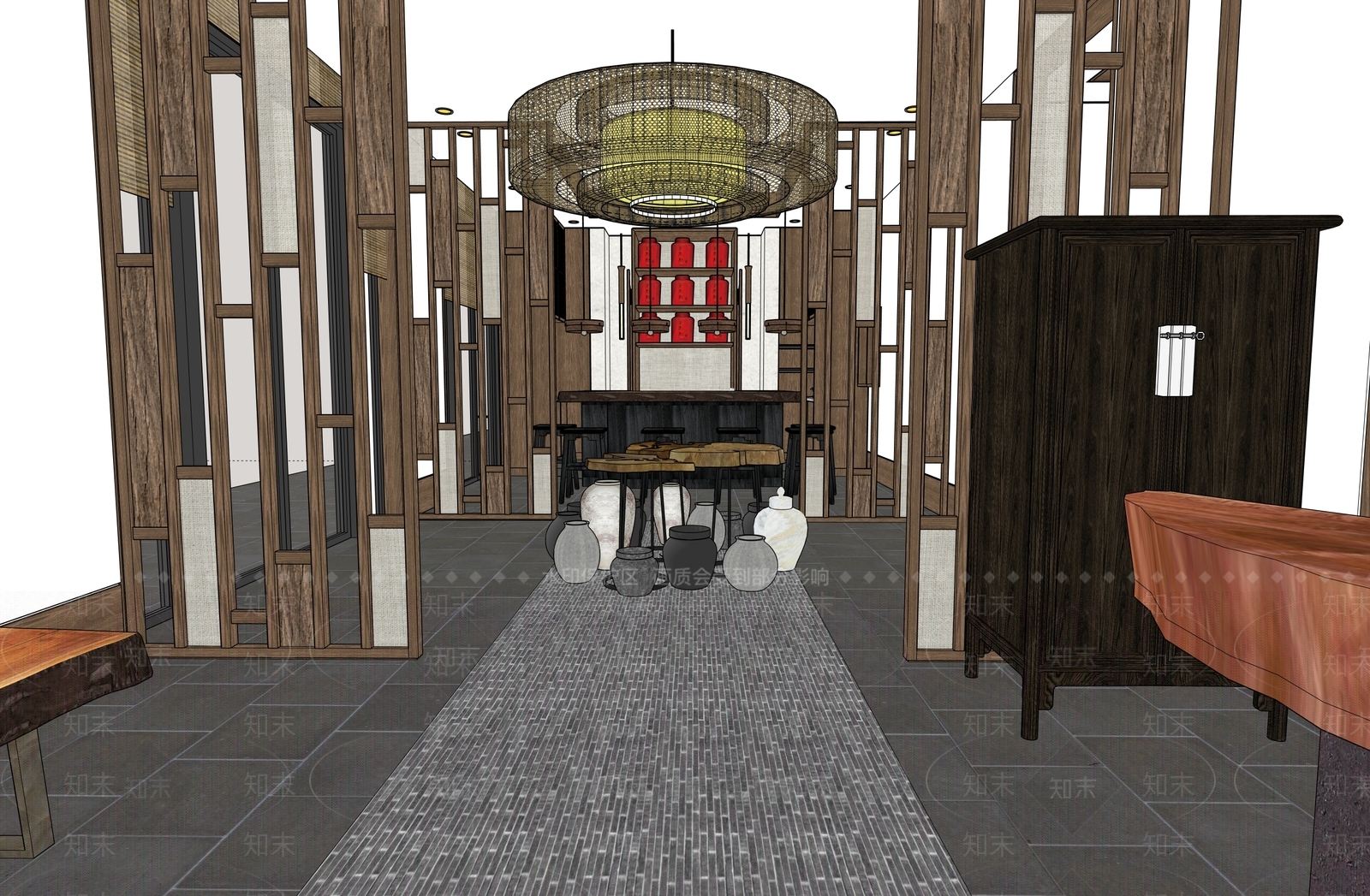 现代新中式酒店大堂SU模型下载【ID:1181238638】