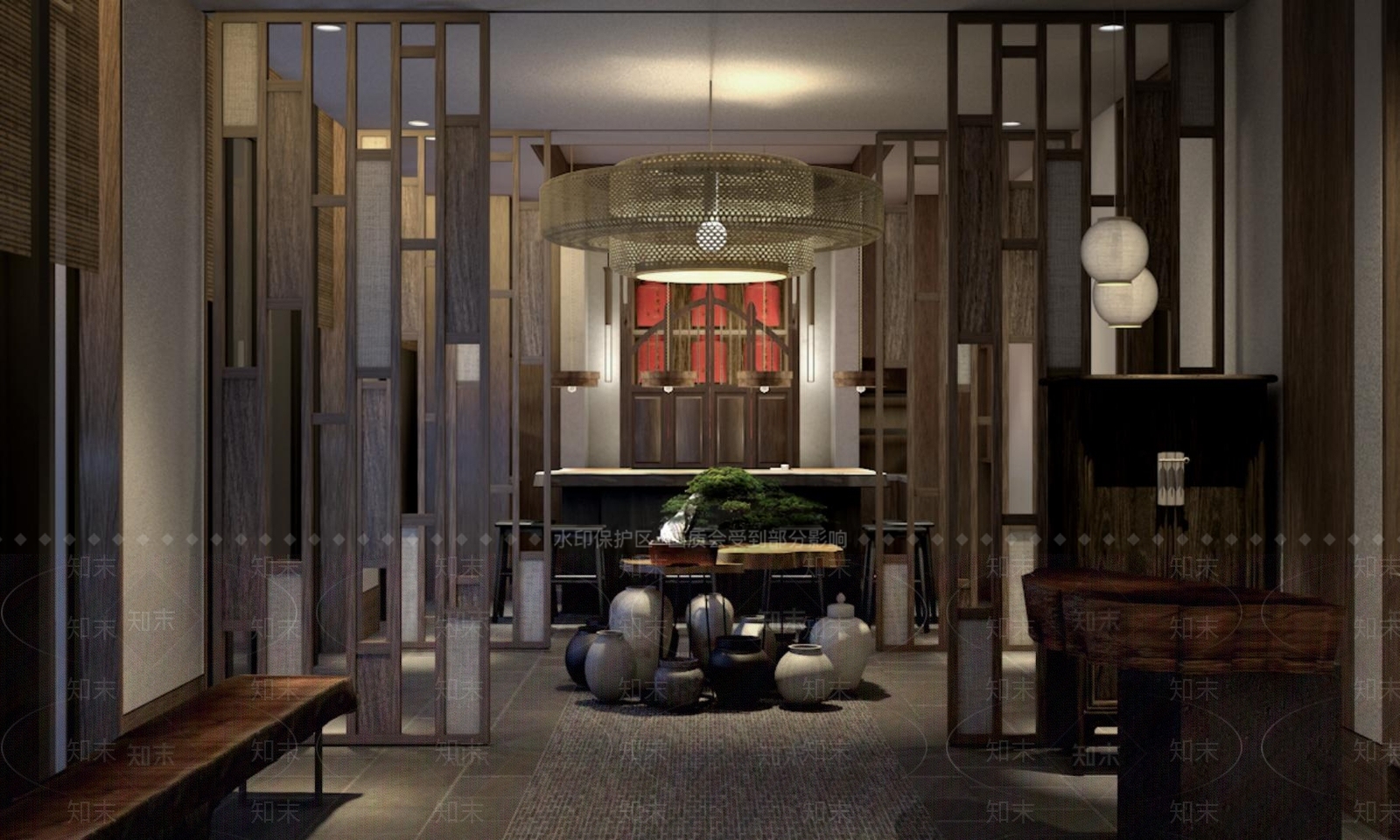 现代新中式酒店大堂SU模型下载【ID:1181238638】