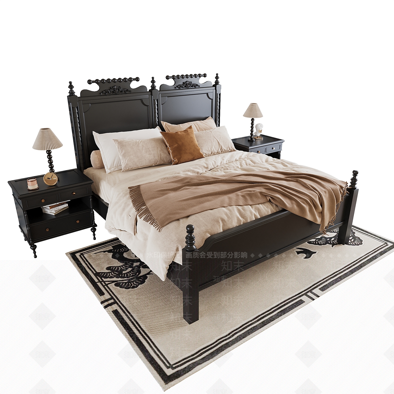 法式美式双人床3D模型下载【ID:1181282375】