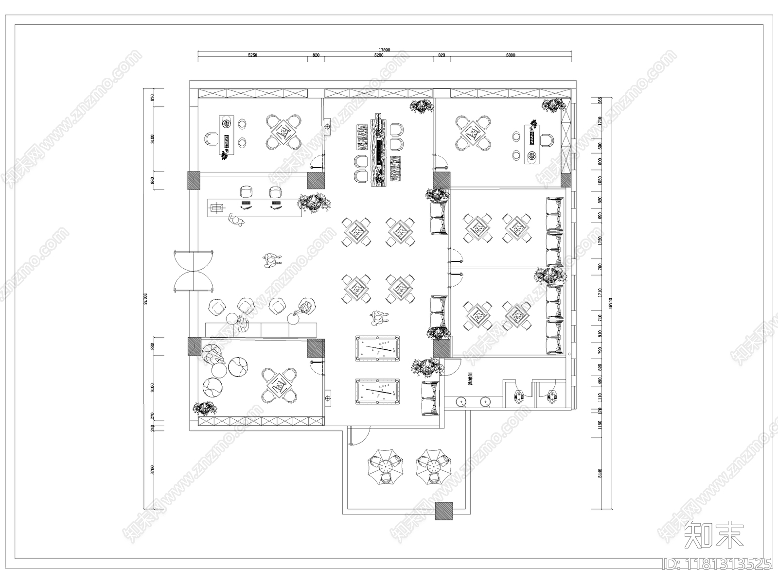 现代棋牌室cad施工图下载【ID:1181313525】