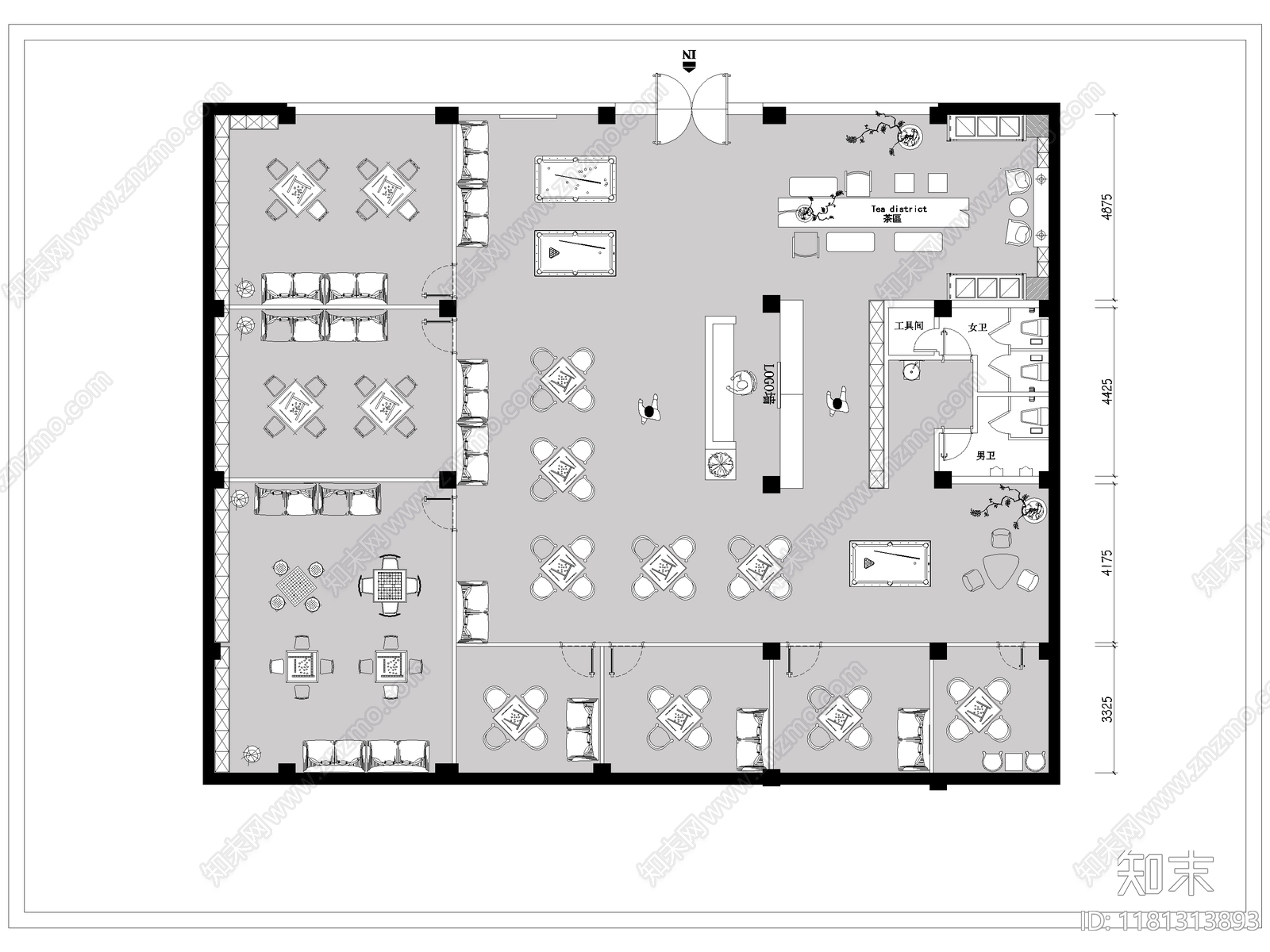 现代棋牌室cad施工图下载【ID:1181313893】