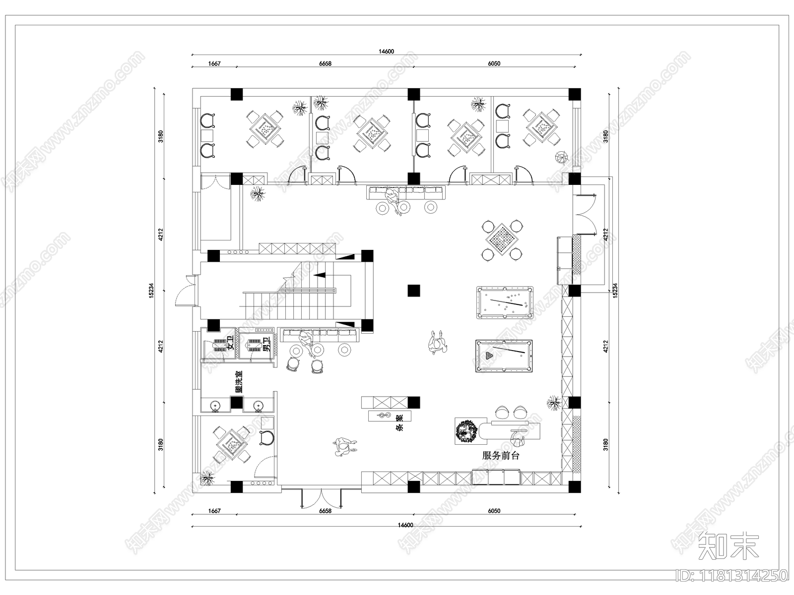 现代棋牌室cad施工图下载【ID:1181314250】