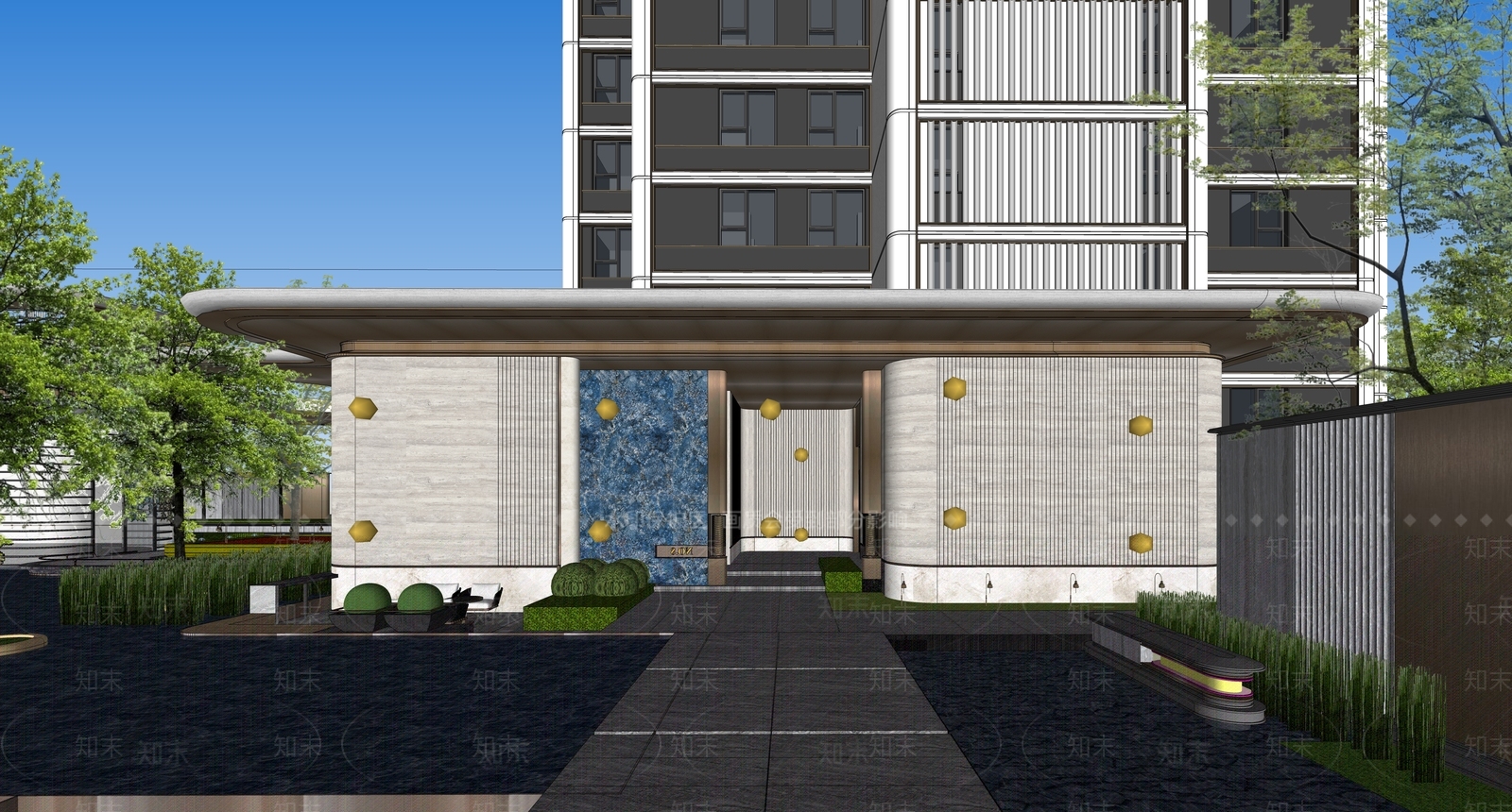 现代轻奢小区建筑SU模型下载【ID:1181352481】