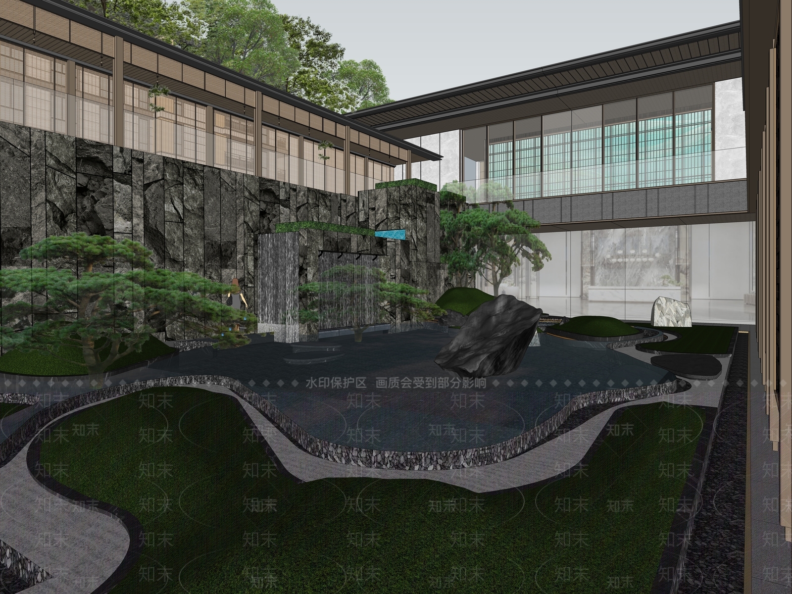 现代新中式小区景观SU模型下载【ID:1181475550】