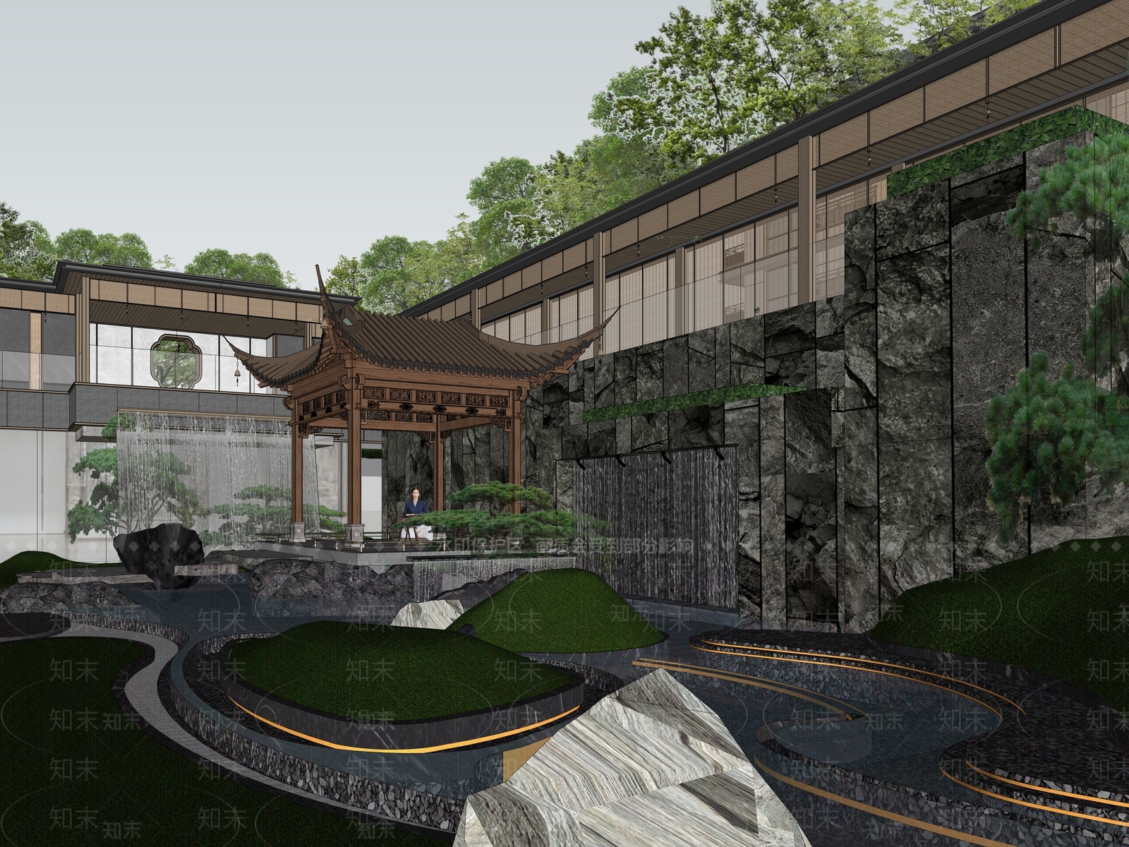 新中式中式小区景观SU模型下载【ID:1181476496】