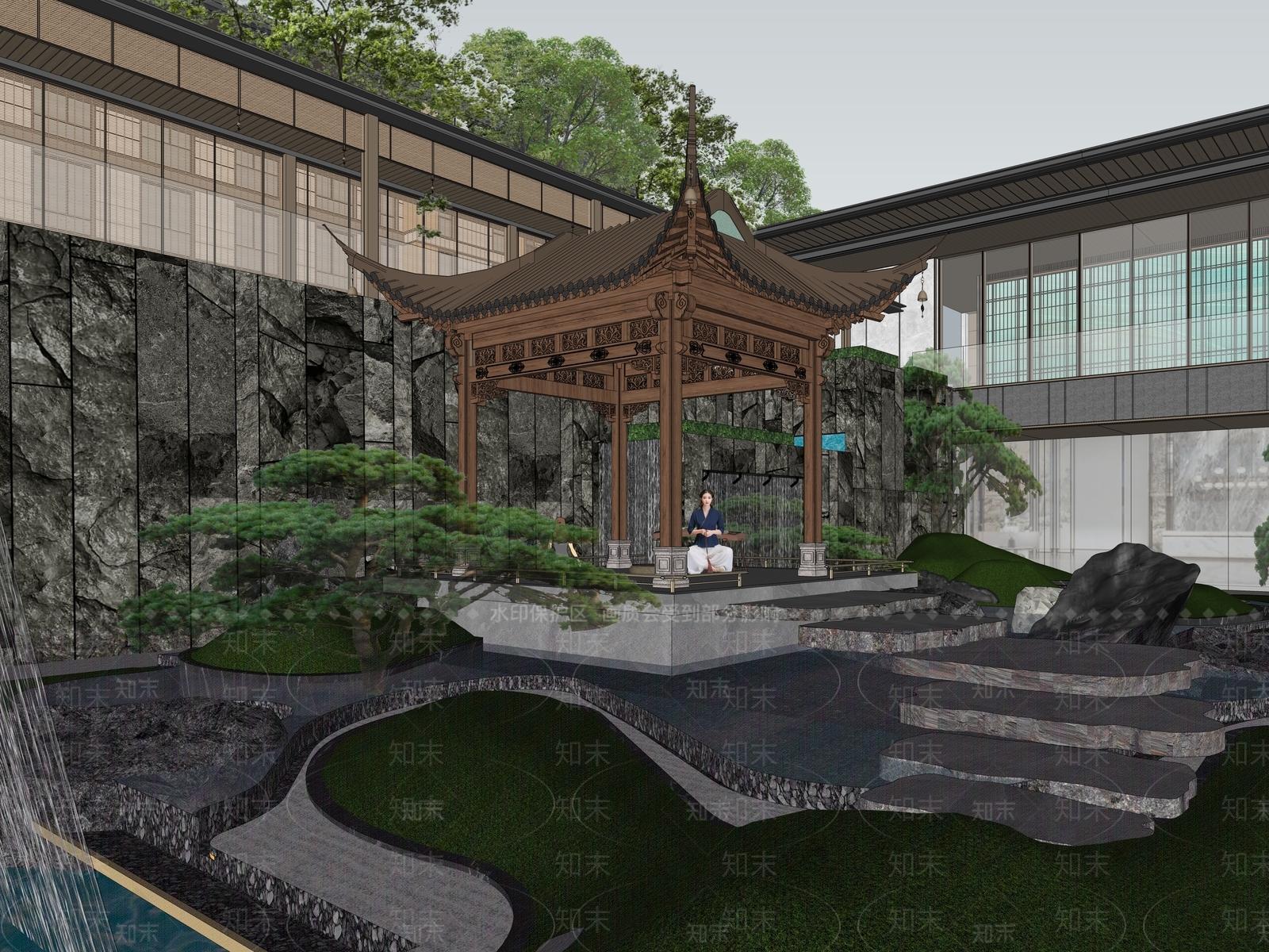 新中式中式小区景观SU模型下载【ID:1181476496】