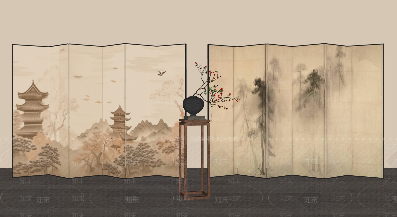 新中式禅意屏风SU模型下载【ID:1181518305】