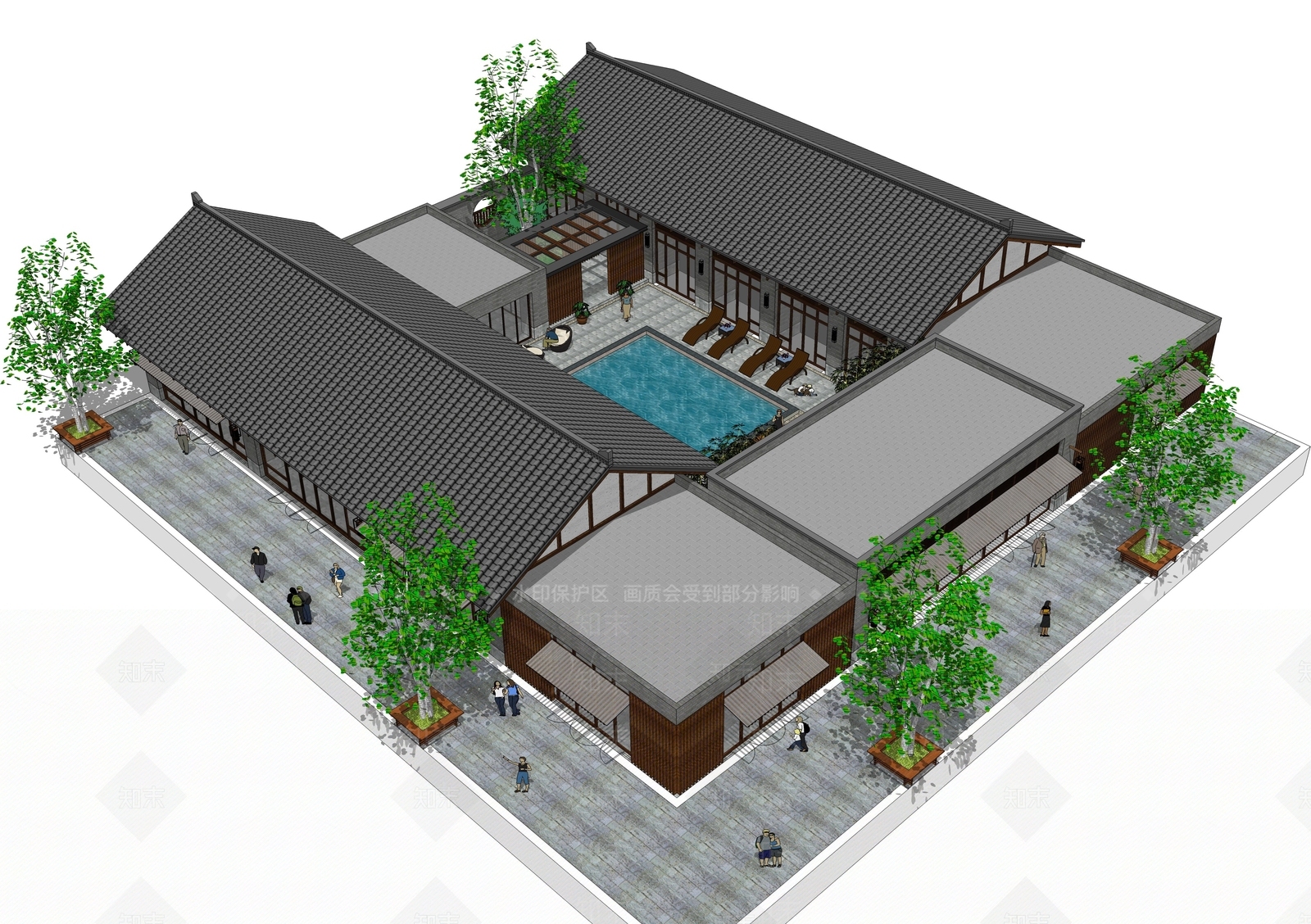 中式民宿建筑SU模型下载【ID:1181519548】