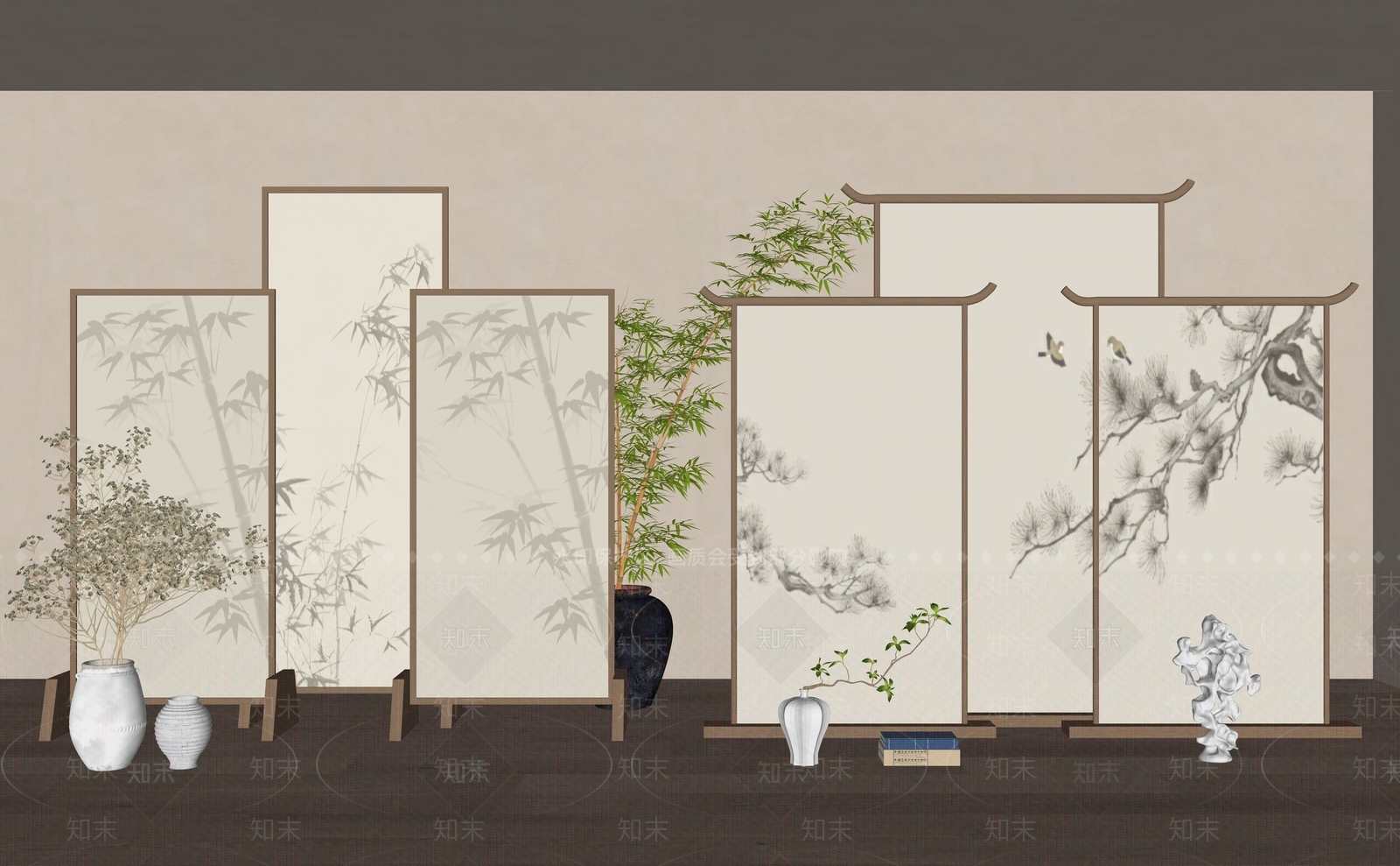 新中式禅意屏风SU模型下载【ID:1181529221】