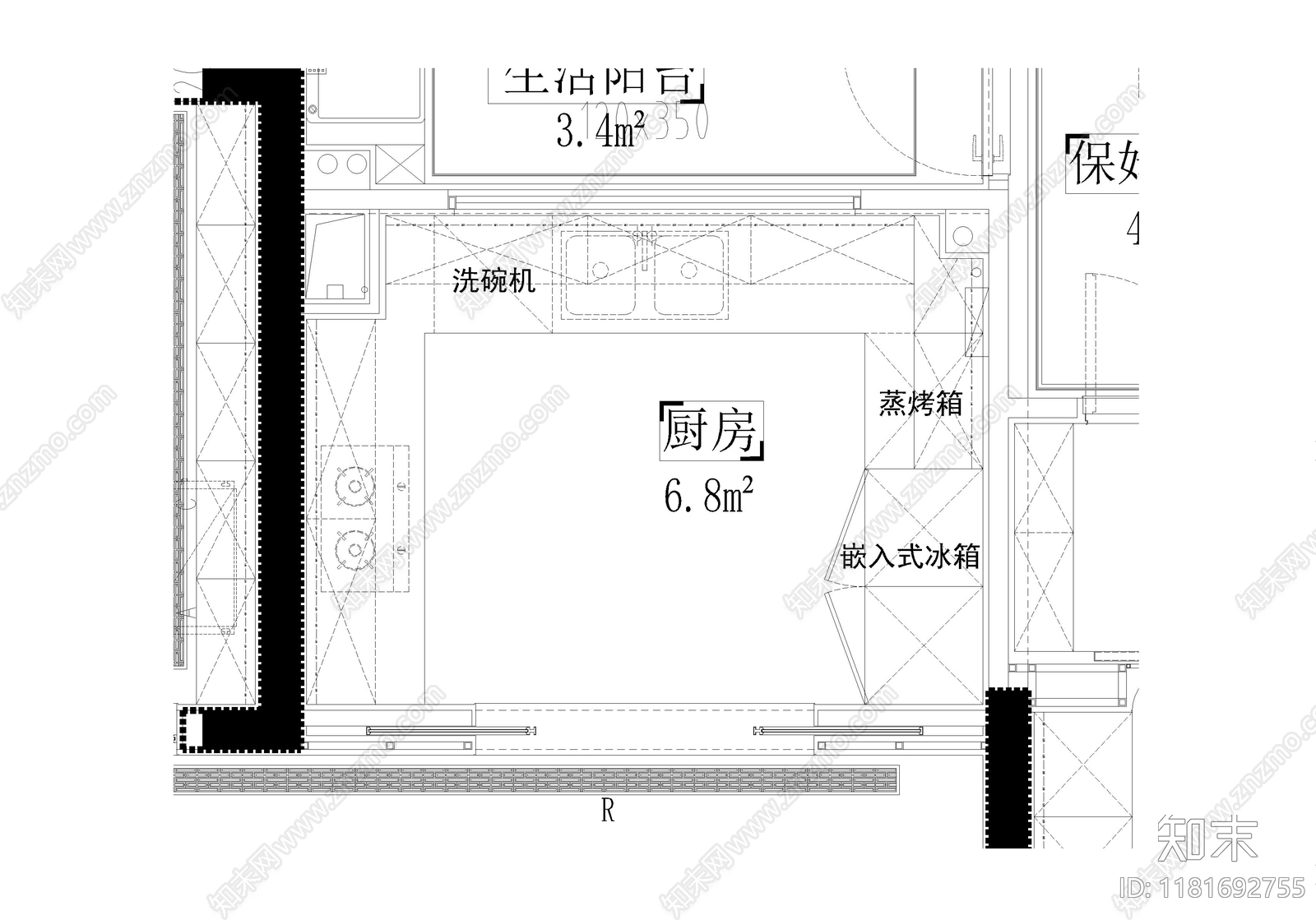 现代厨房cad施工图下载【ID:1181692755】