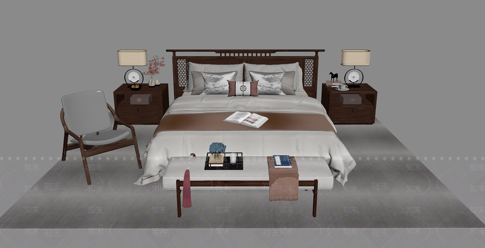 新中式中式床品SU模型下载【ID:1181723212】
