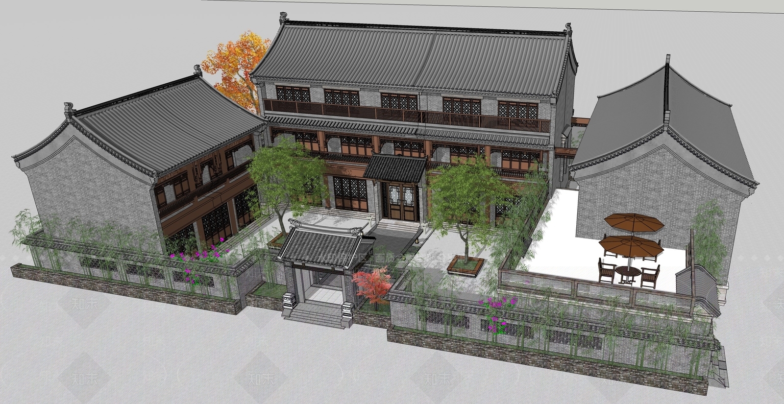 中式酒店建筑SU模型下载【ID:1181749044】
