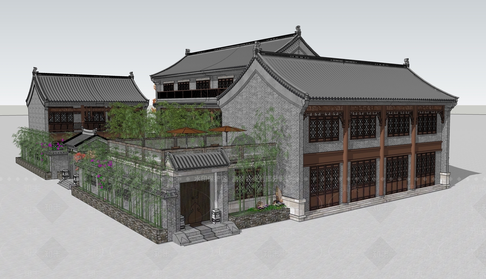 中式酒店建筑SU模型下载【ID:1181749044】