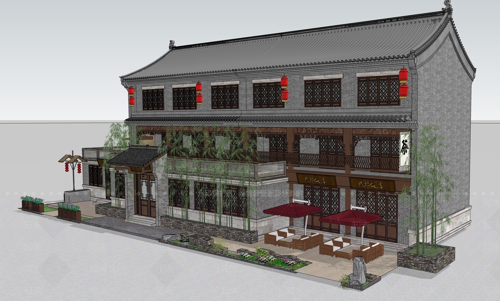 新中式酒店建筑SU模型下载【ID:1181749153】