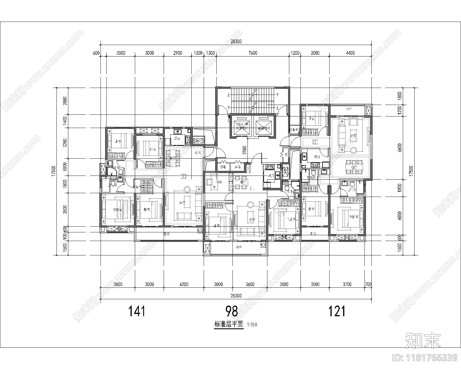 现代住宅楼建筑_98至141平_T3一类高层_边厅户型_现代住宅_方案平面_施工图施工图下载 ID:1181766339_【知末网】