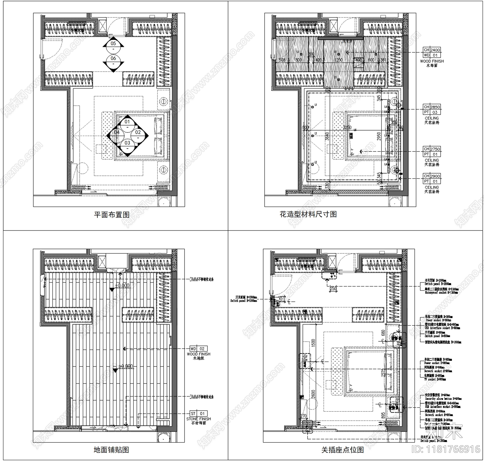 现代卧室cad施工图下载【ID:1181766916】