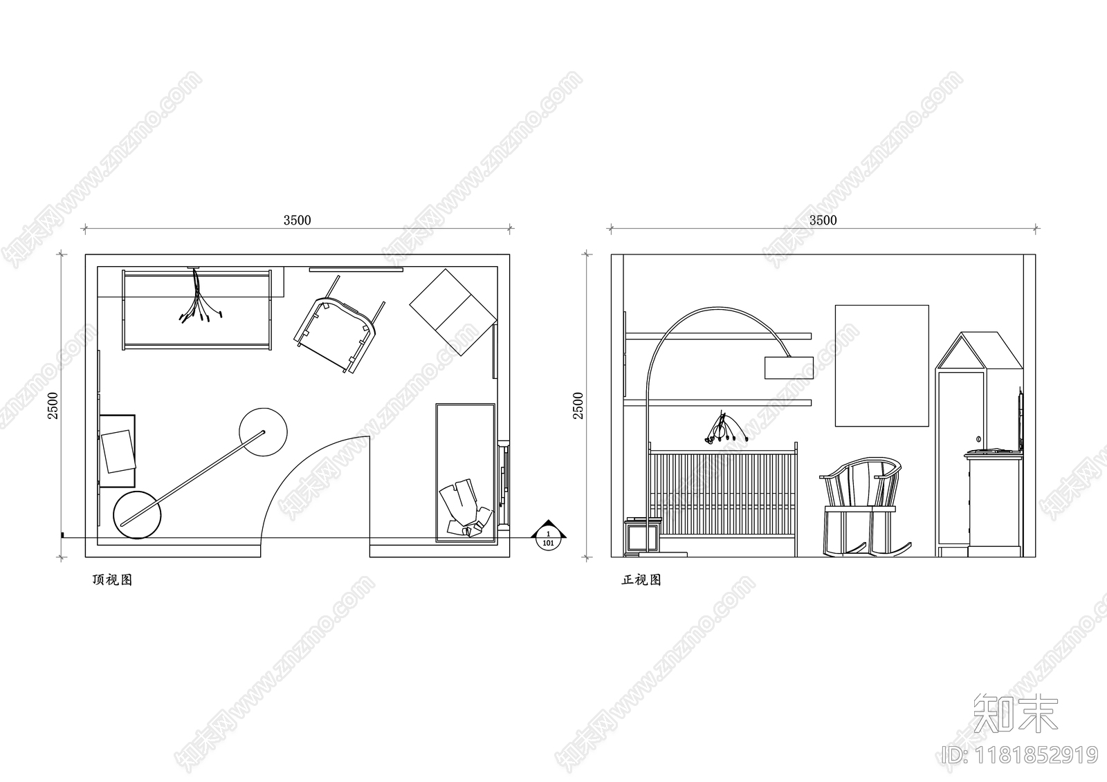 现代卧室施工图下载【ID:1181852919】