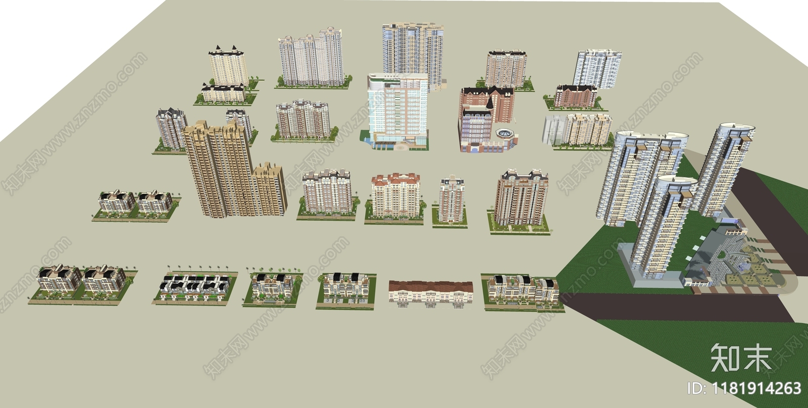 现代新中式小区建筑SU模型下载【ID:1181914263】