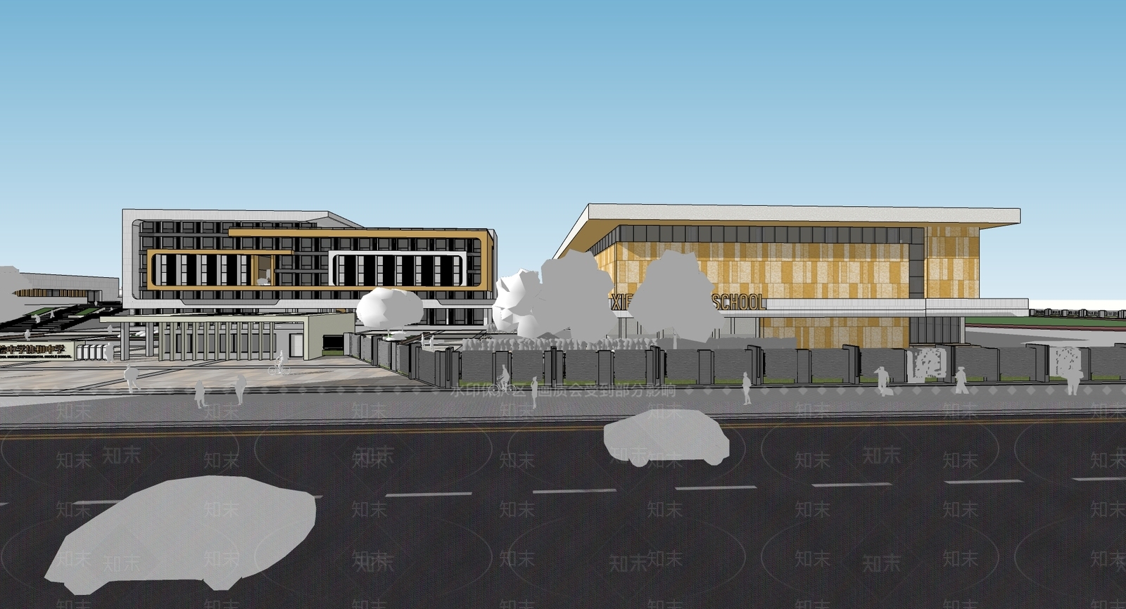 现代美式学校建筑SU模型下载【ID:1181979059】
