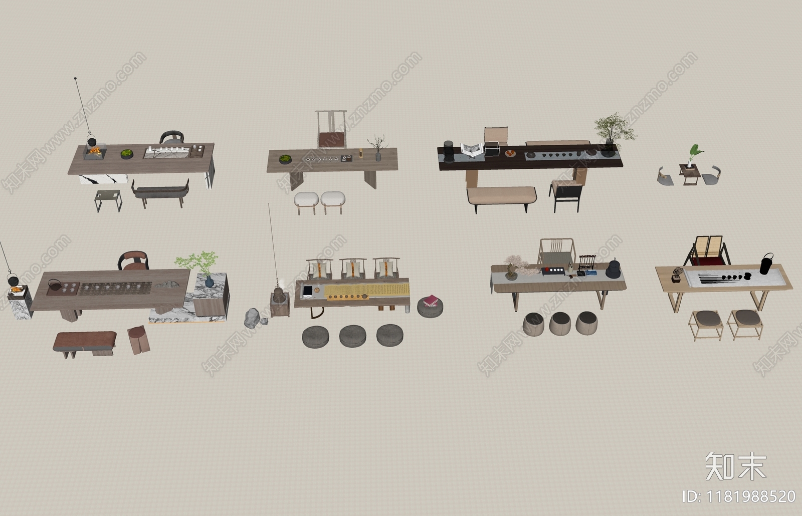 新中式侘寂茶桌椅SU模型下载【ID:1181988520】