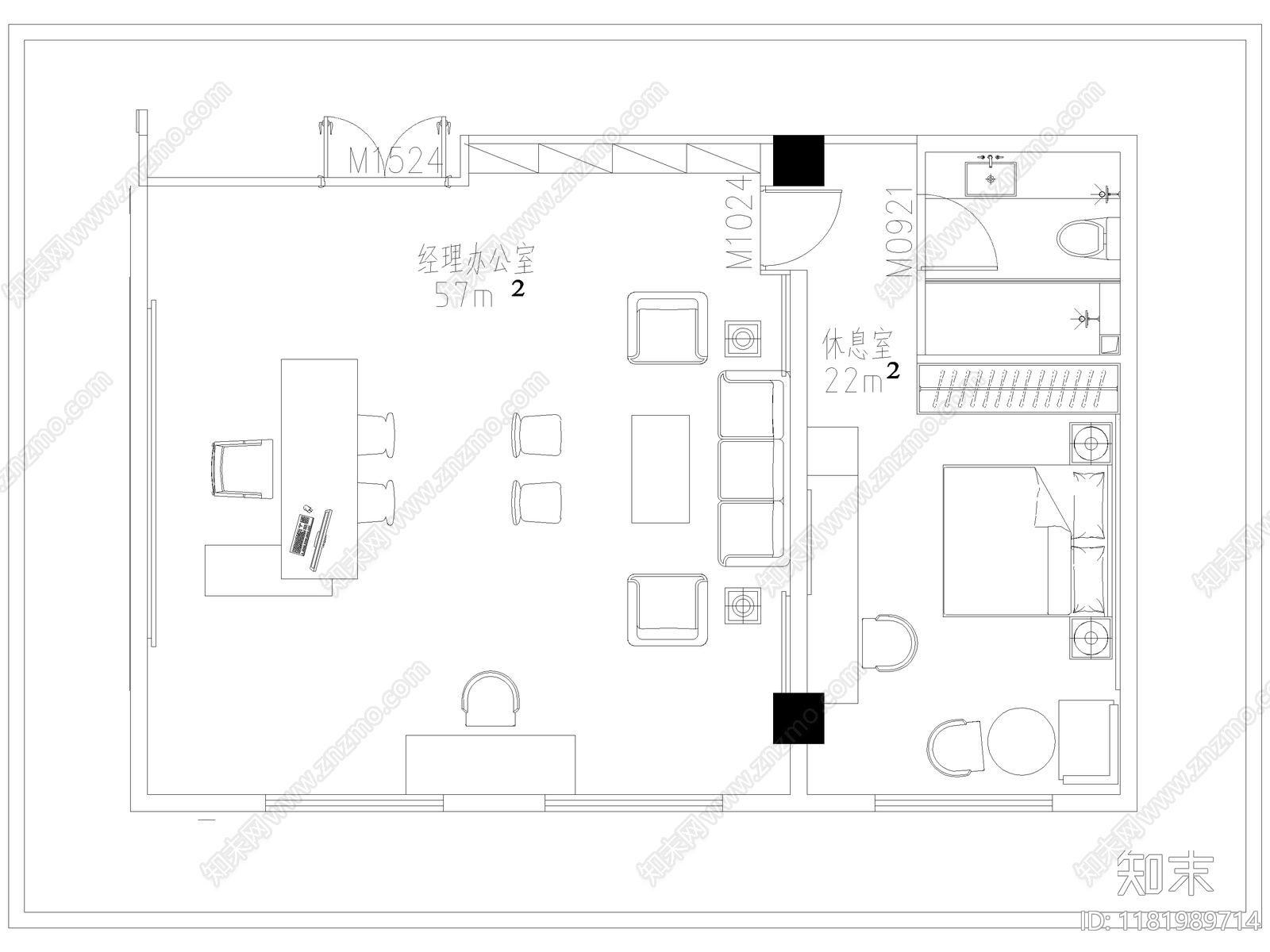 办公室平面图cad施工图下载【ID:1181989714】