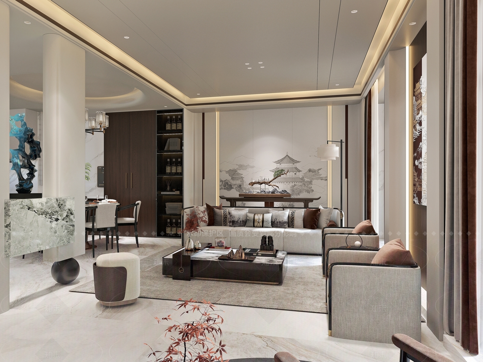 新中式中式别墅客厅3D模型下载【ID:1181994283】