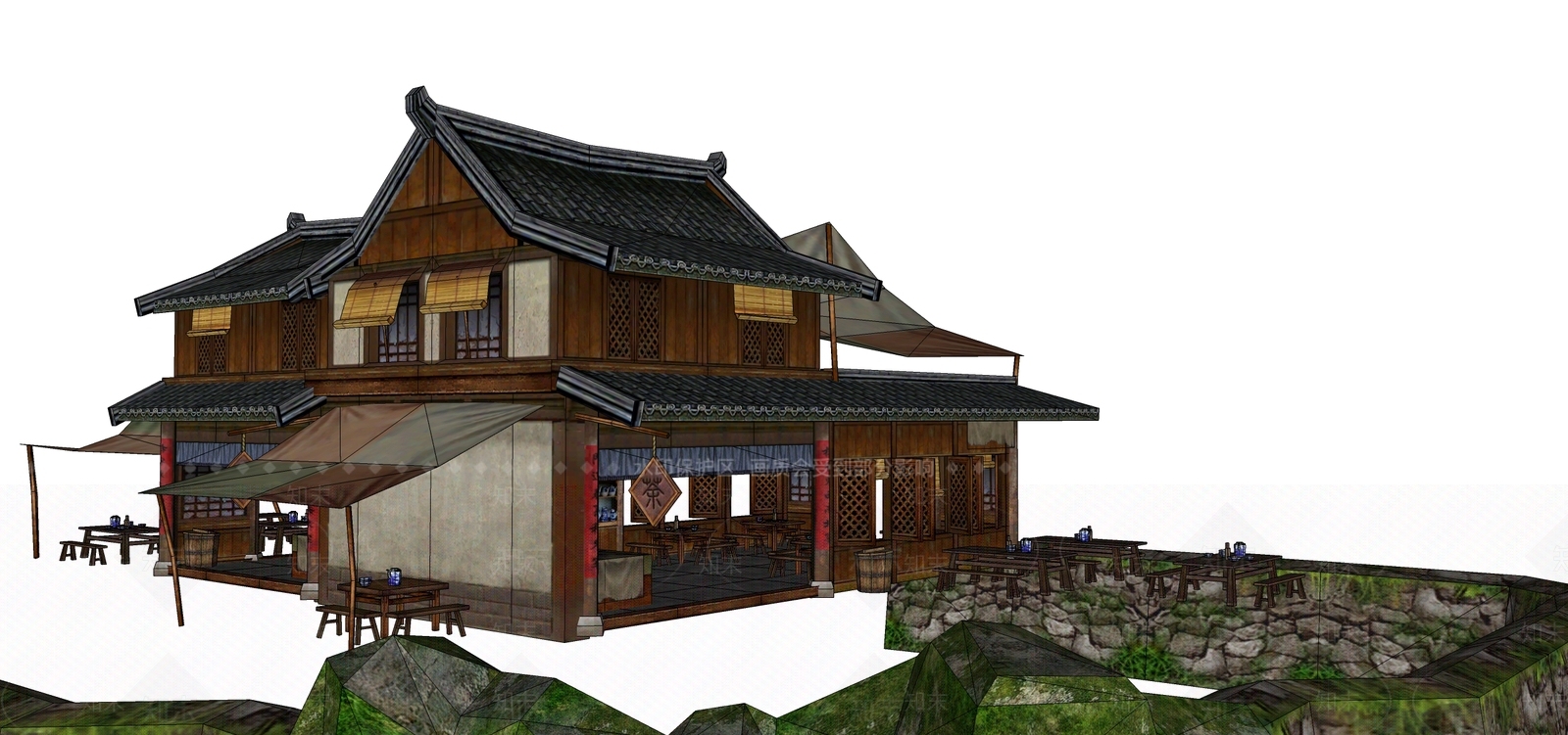 中式餐饮建筑SU模型下载【ID:1182002310】