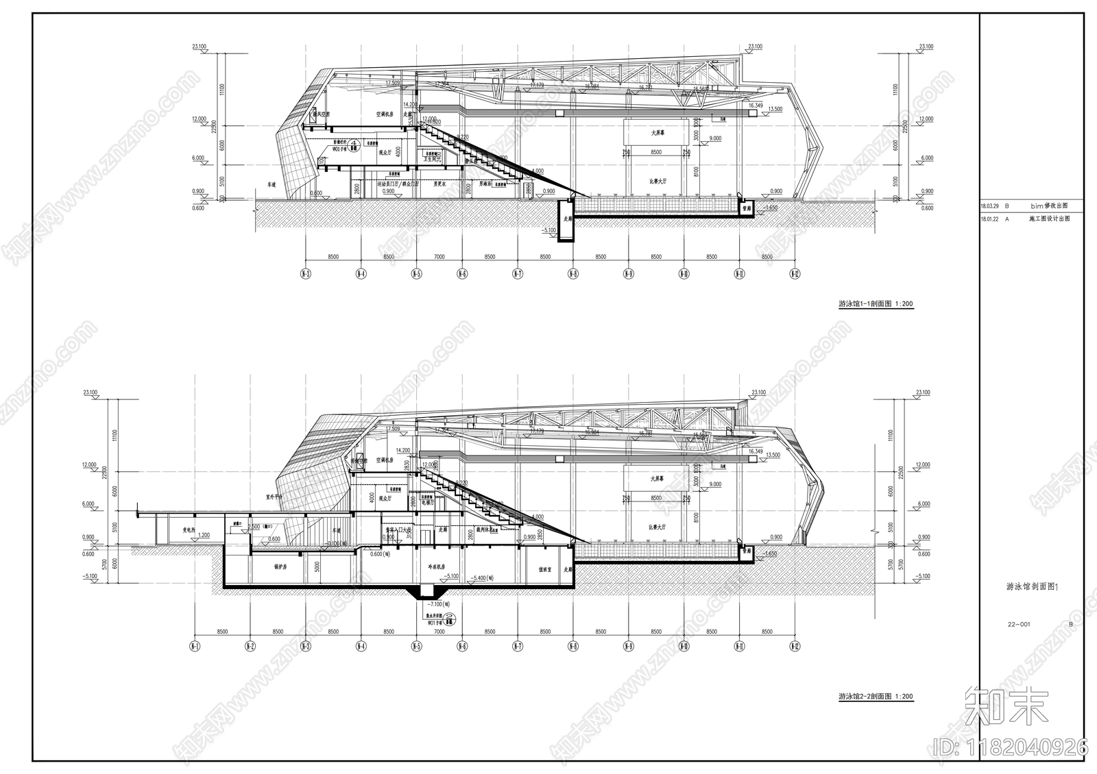 现代游泳馆建筑cad施工图下载【ID:1182040926】