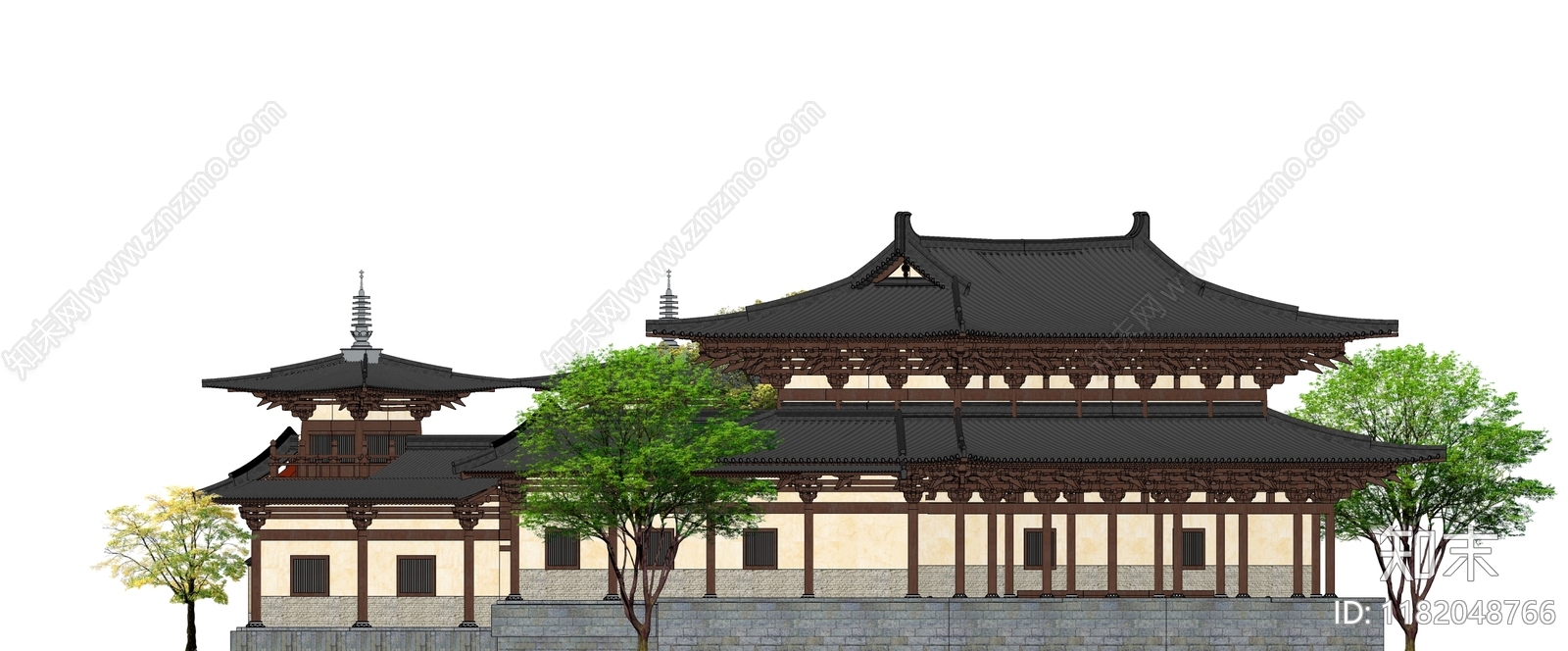 中式禅意寺庙建筑SU模型下载【ID:1182048766】