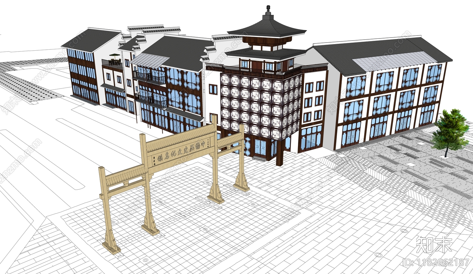 新中式古建筑SU模型下载【ID:1182062187】