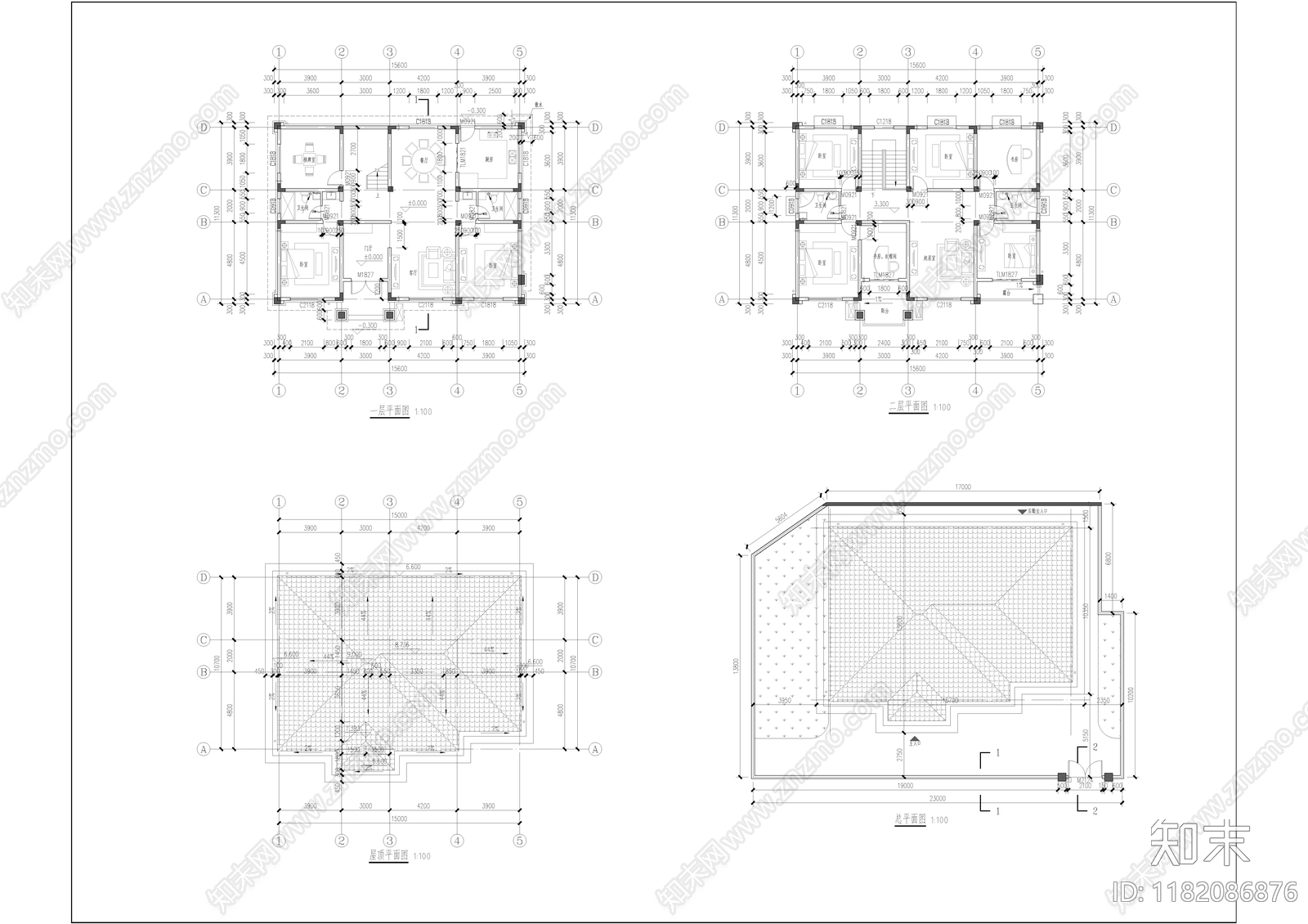 新中式中式别墅建筑cad施工图下载【ID:1182086876】