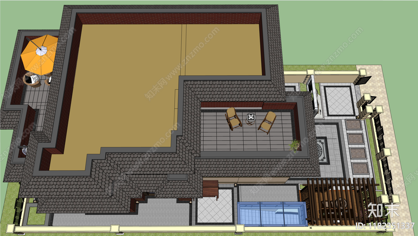 中式别墅庭院SU模型下载【ID:1182351337】