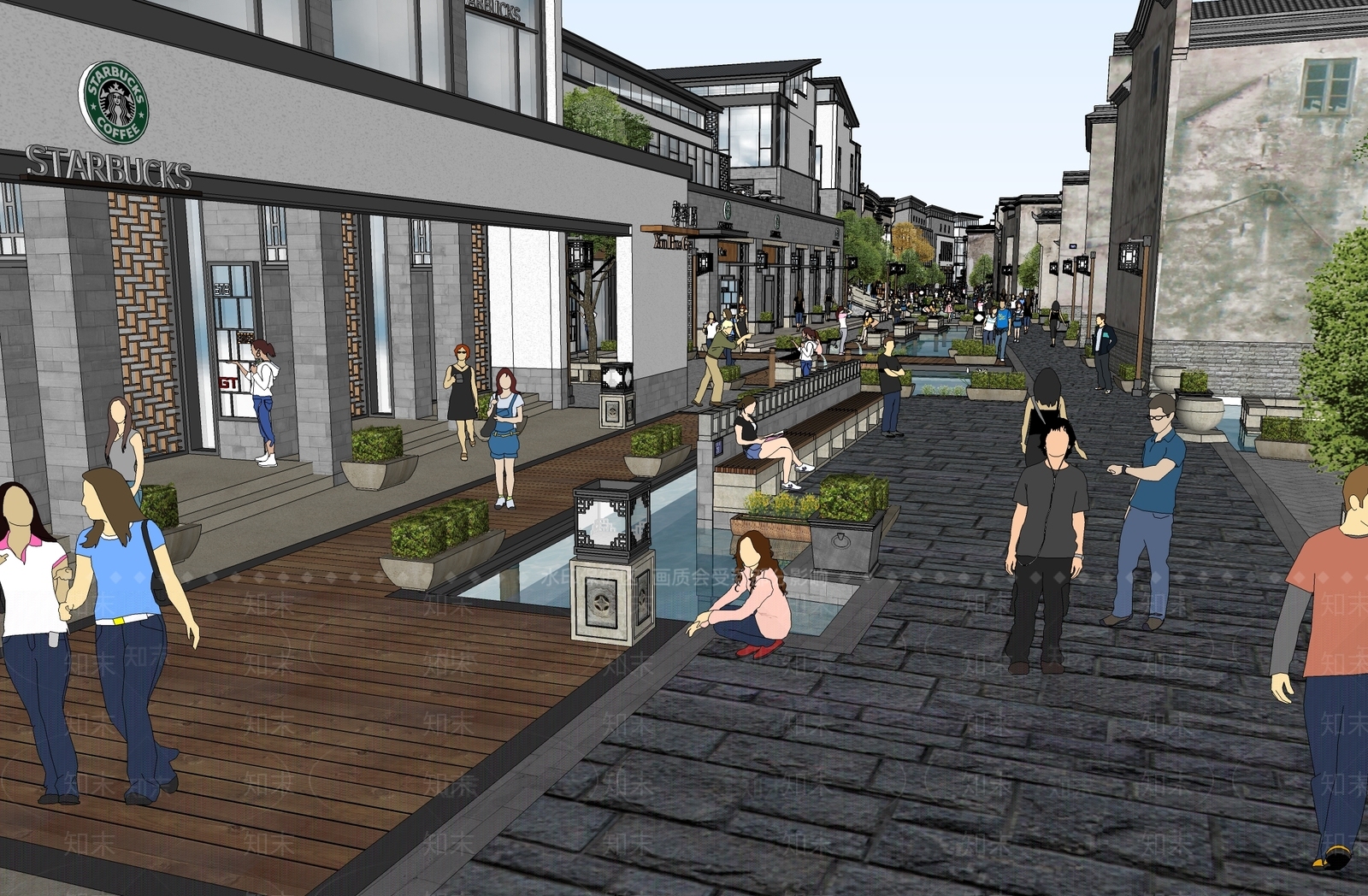 中式复古商业街SU模型下载【ID:1182359229】