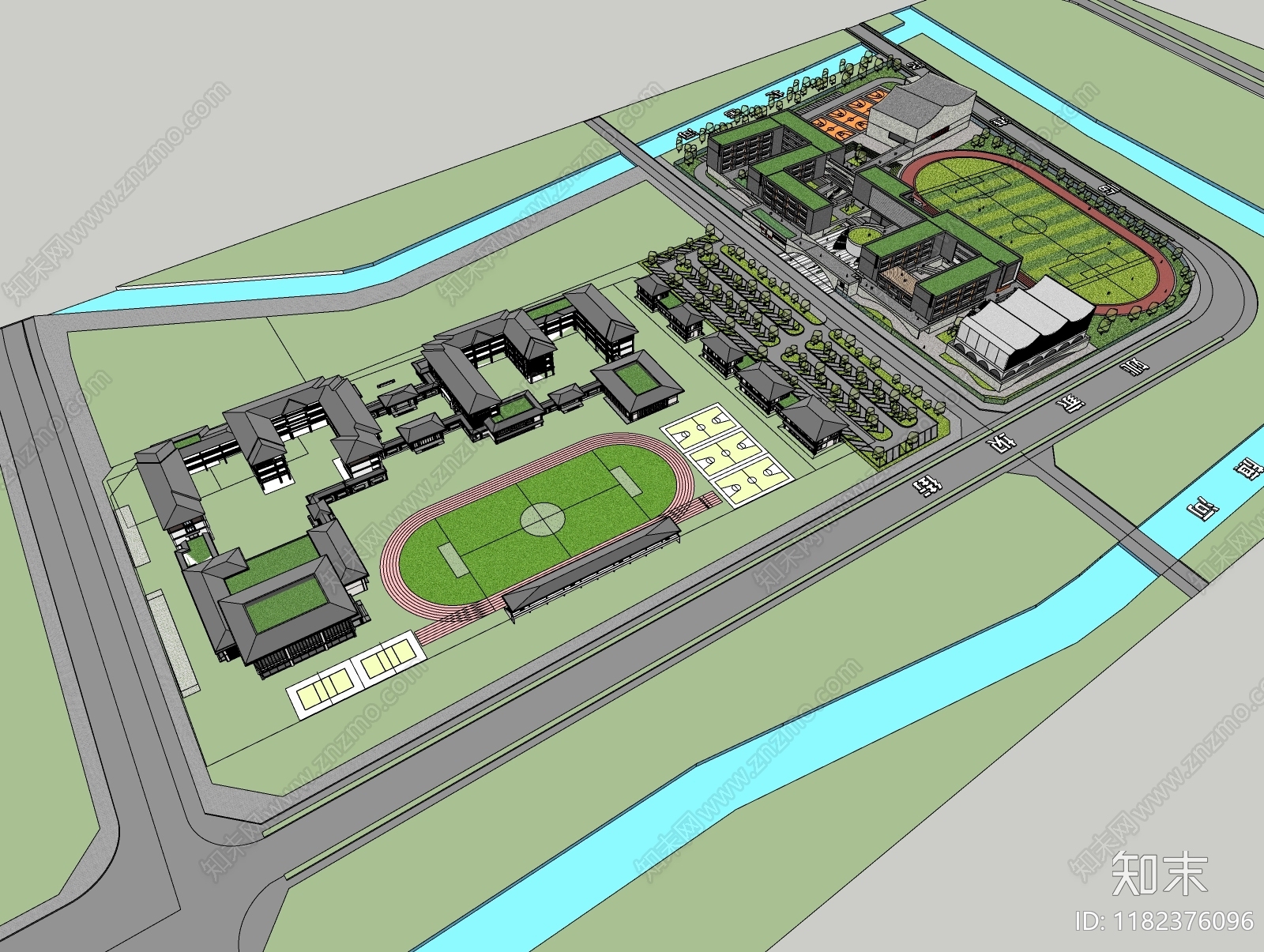 新中式学校建筑SU模型下载【ID:1182376096】