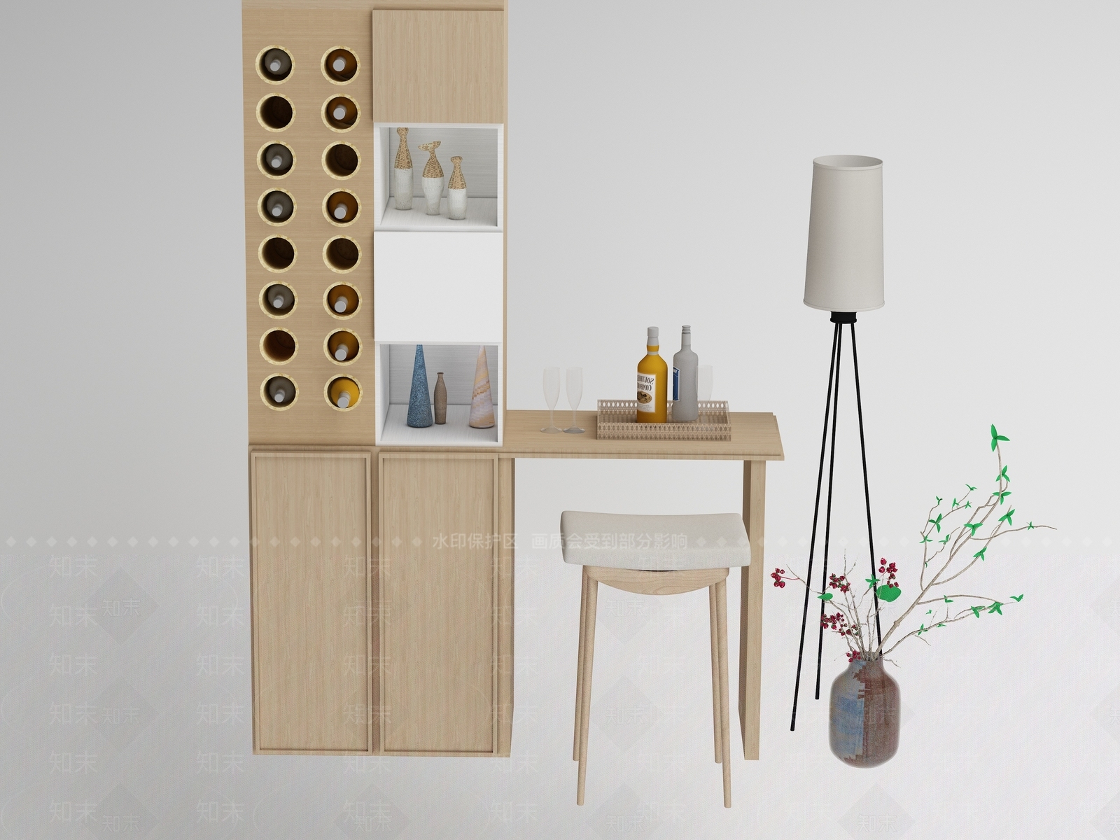 现代原木酒柜3D模型下载【ID:1182423351】