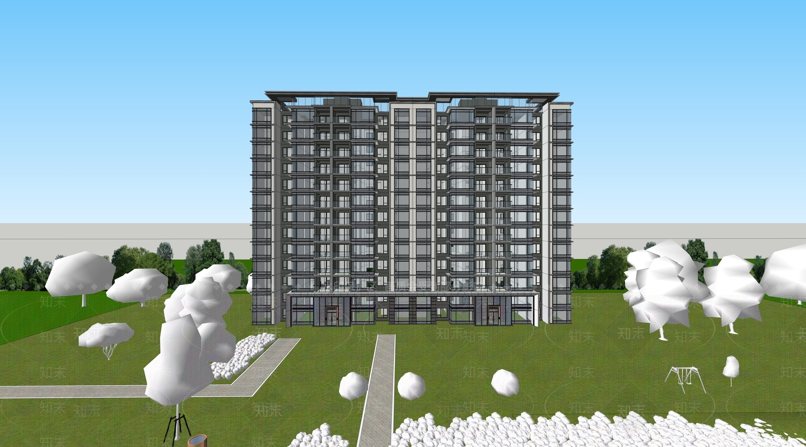 现代高层住宅SU模型下载【ID:1182439843】