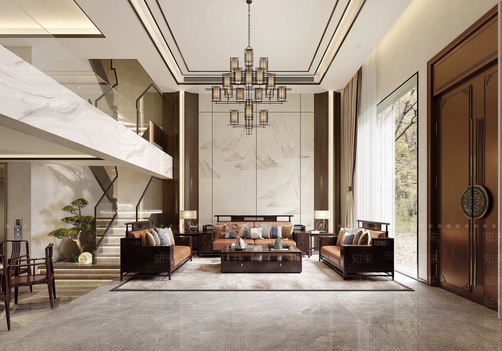 新中式中式别墅客厅3D模型下载【ID:1182626099】