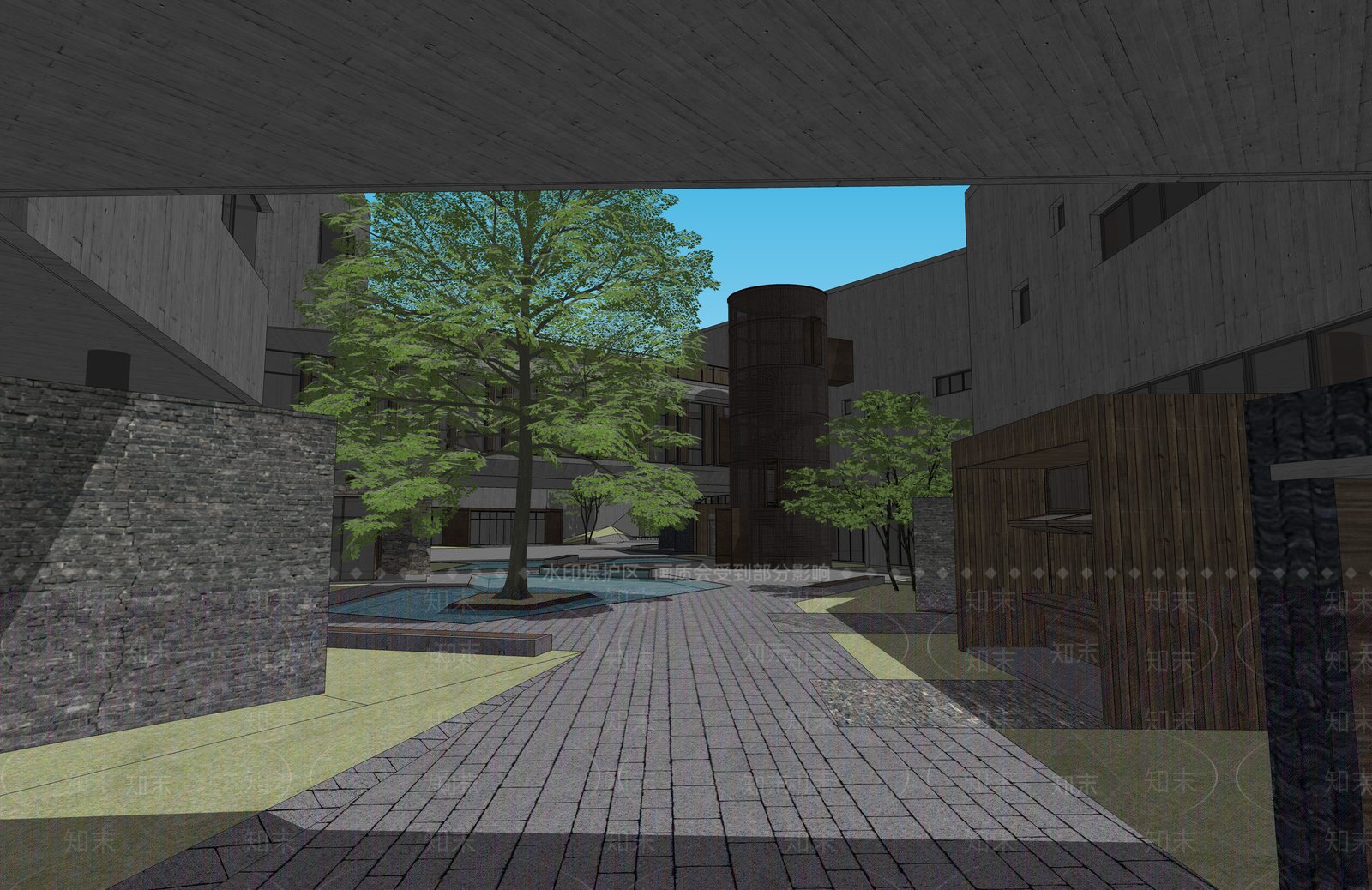 现代中式展览馆建筑SU模型下载【ID:1182640872】